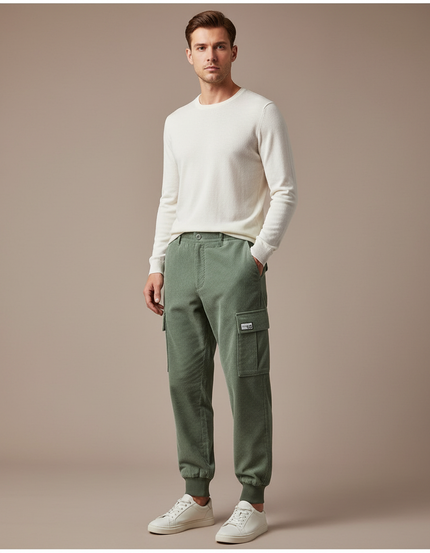 Pantalon Cargo Vert Côtelé Ample Homme Jogger - Kaki Cordé