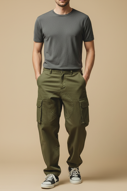 Pantalon Cargo Vert Kaki Ample Coton Multipoches Homme