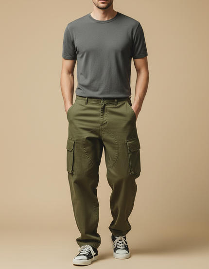 Pantalon Cargo Vert Kaki Ample Coton Multipoches Homme