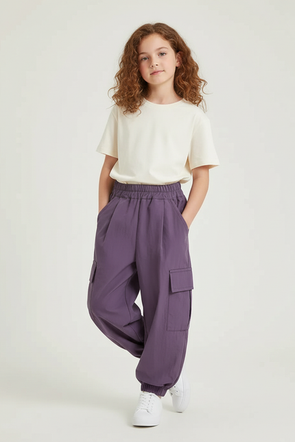 Pantalon Cargo Violet Ample Léger Enfant Fille - Polyester
