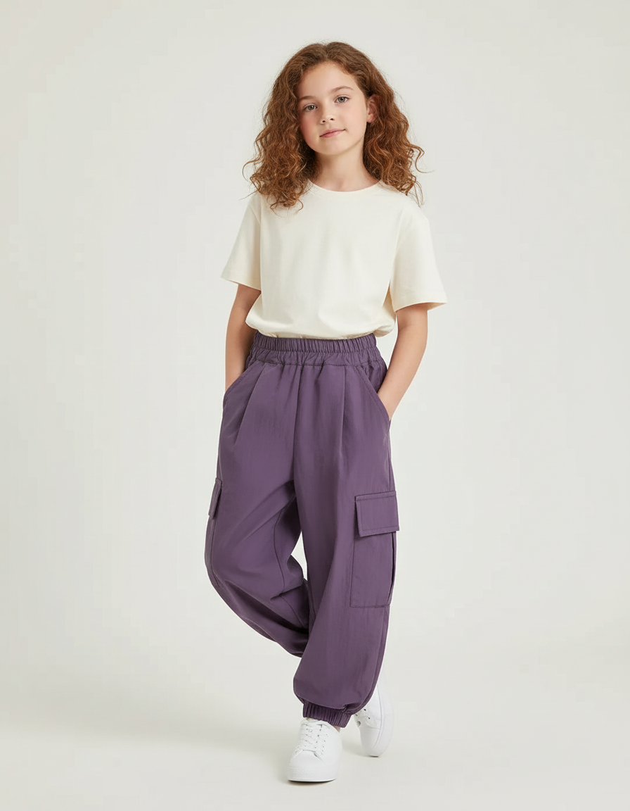 Pantalon Cargo Violet Ample Léger Enfant Fille - Polyester