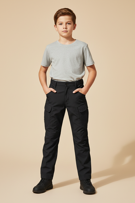 Pantalon Cargo Noir Enfant Classique Multipoches - Polyester