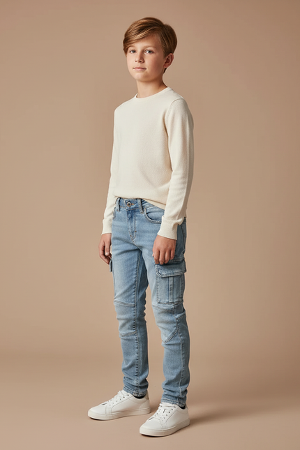 Pantalon Cargo Jean Bleu Slim Multipoches Enfant