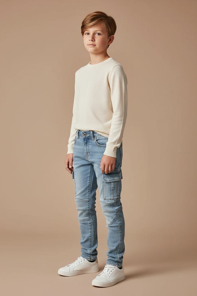 Pantalon Cargo Jean Bleu Slim Multipoches Enfant