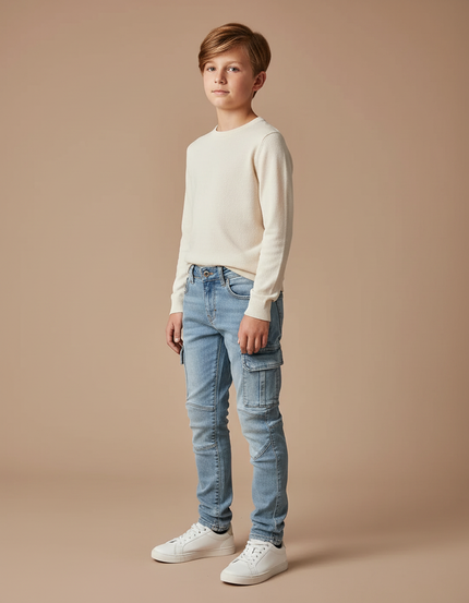 Pantalon Cargo Jean Bleu Slim Multipoches Enfant