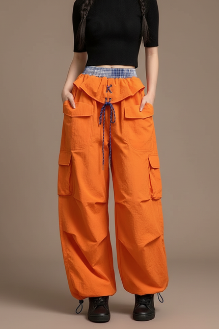 Pantalon Cargo Orange Ample Parachute Femme - Polyester