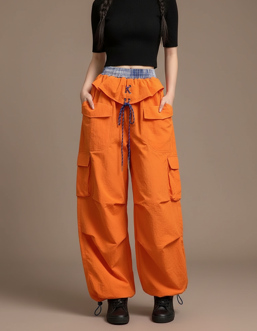 Pantalon Cargo Orange Ample Parachute Femme - Polyester