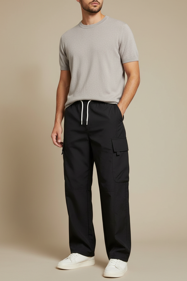 Pantalon Cargo Noir Ample Cordon Homme Léger - Polyester