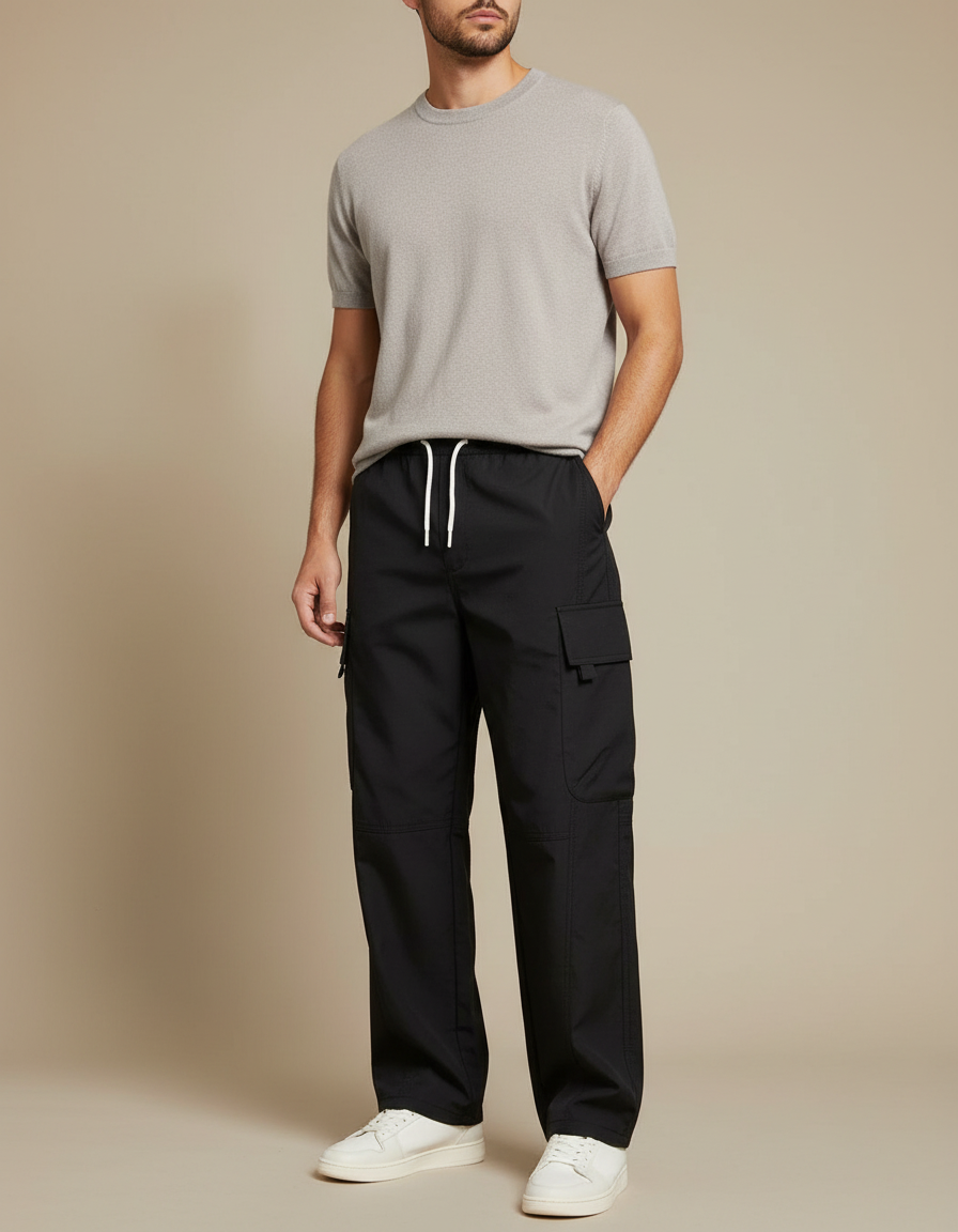 Pantalon Cargo Noir Ample Cordon Homme Léger - Polyester