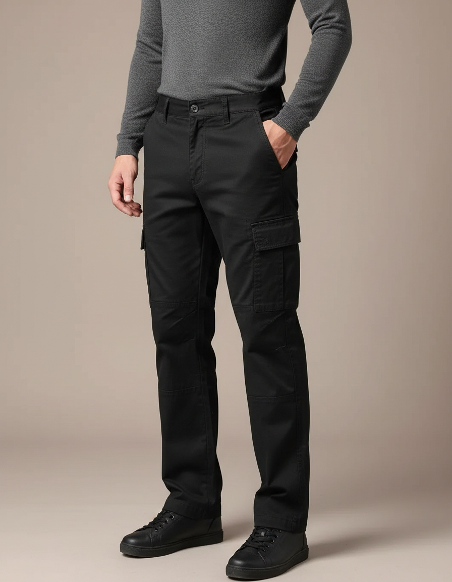 Pantalon Cargo Noir Droit Multipoches Décontracté Homme - Toile