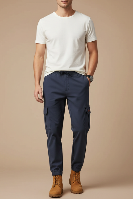 Pantalon Cargo Bleu Marine Coton Ample Décontracté Homme - Polyester