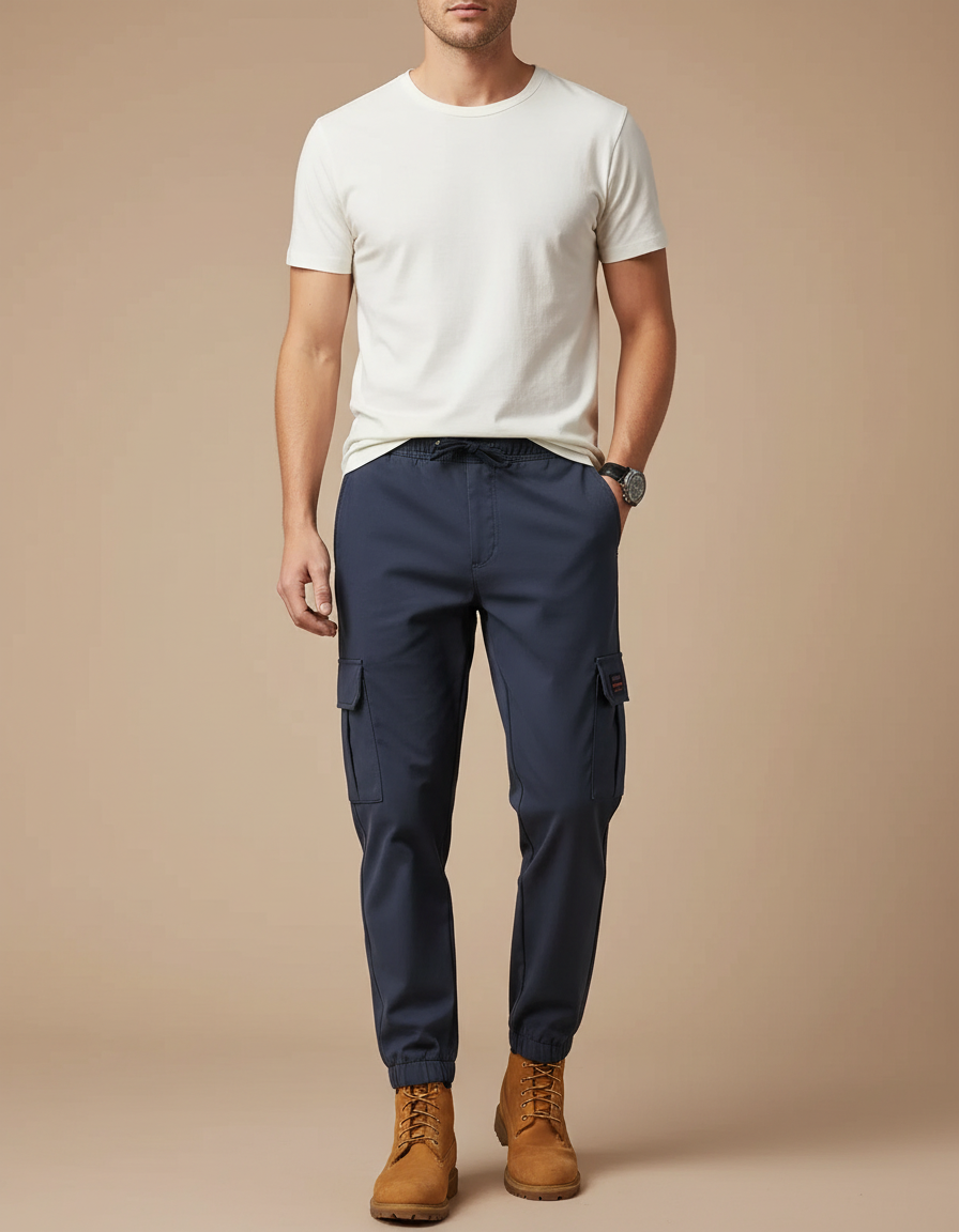 Pantalon Cargo Bleu Marine Coton Ample Décontracté Homme - Polyester