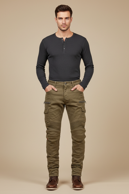 Pantalon Cargo Kaki Homme Slim Motard Plissé - Toile