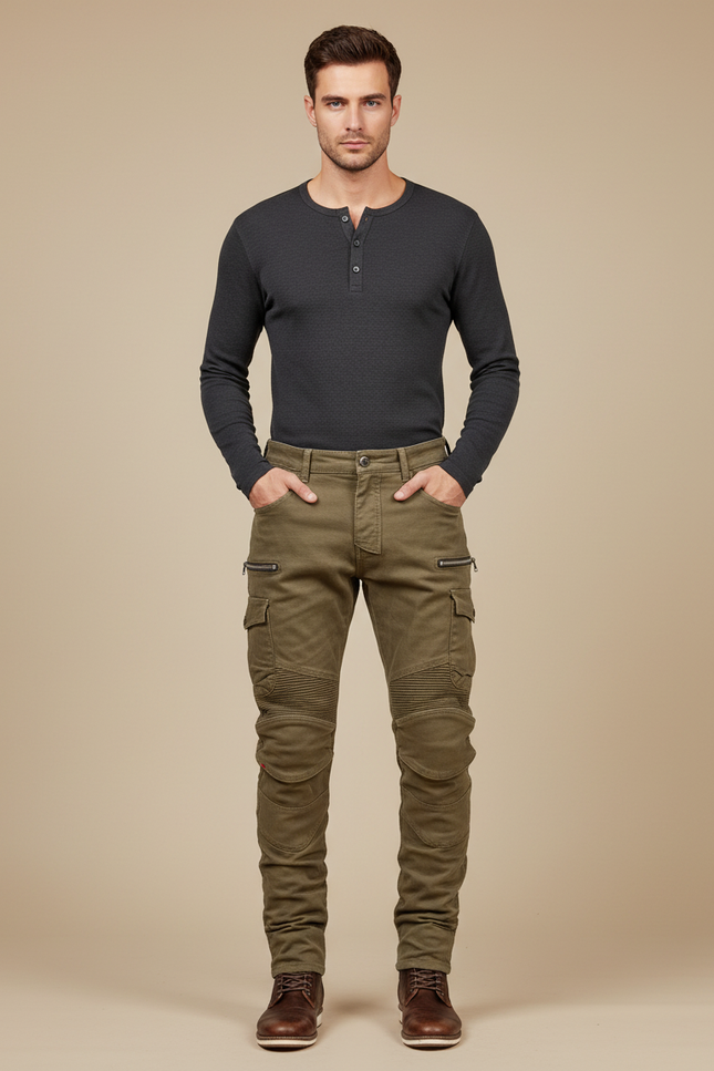 Pantalon Cargo Kaki Homme Slim Motard Plissé - Toile