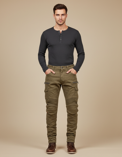 Pantalon Cargo Kaki Homme Slim Motard Plissé - Toile