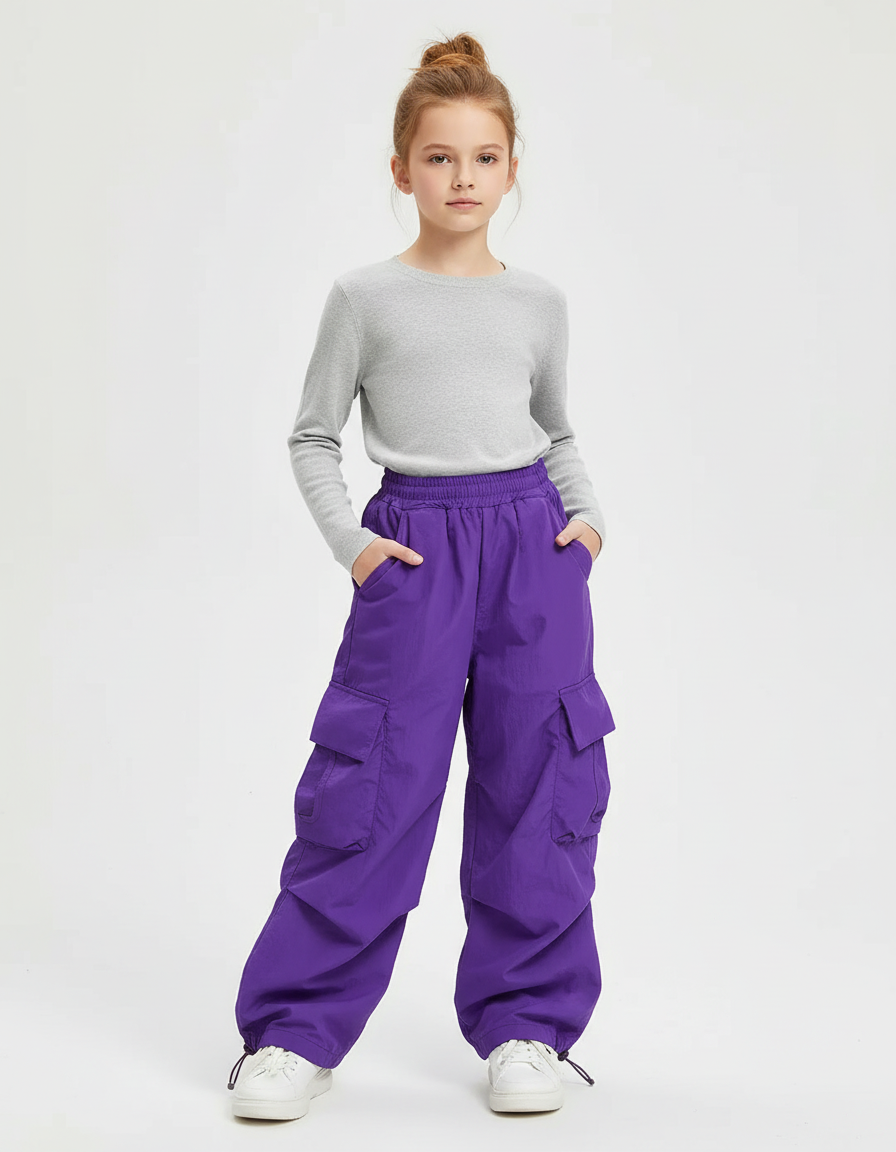 Pantalon Cargo Violet Ample Multipoches Streetwear Fille - Polyester