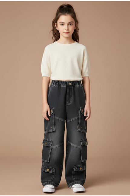 Pantalon Cargo Noir Délavé Ample Multipoches Enfant - Jean