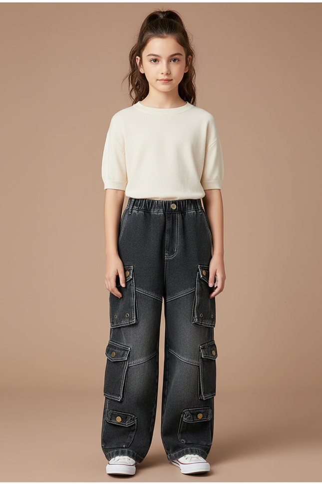 Pantalon Cargo Noir Délavé Ample Multipoches Enfant - Jean