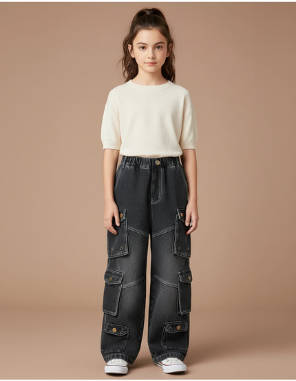 Pantalon Cargo Noir Délavé Ample Multipoches Enfant - Jean
