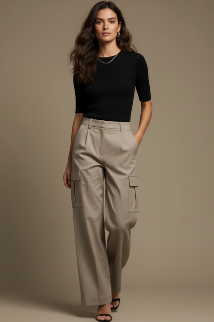 Pantalon Cargo Kaki Ample Taille Haute Femme - Gabardine