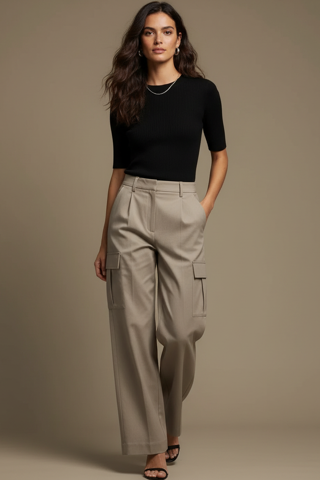 Pantalon Cargo Kaki Ample Taille Haute Femme - Gabardine