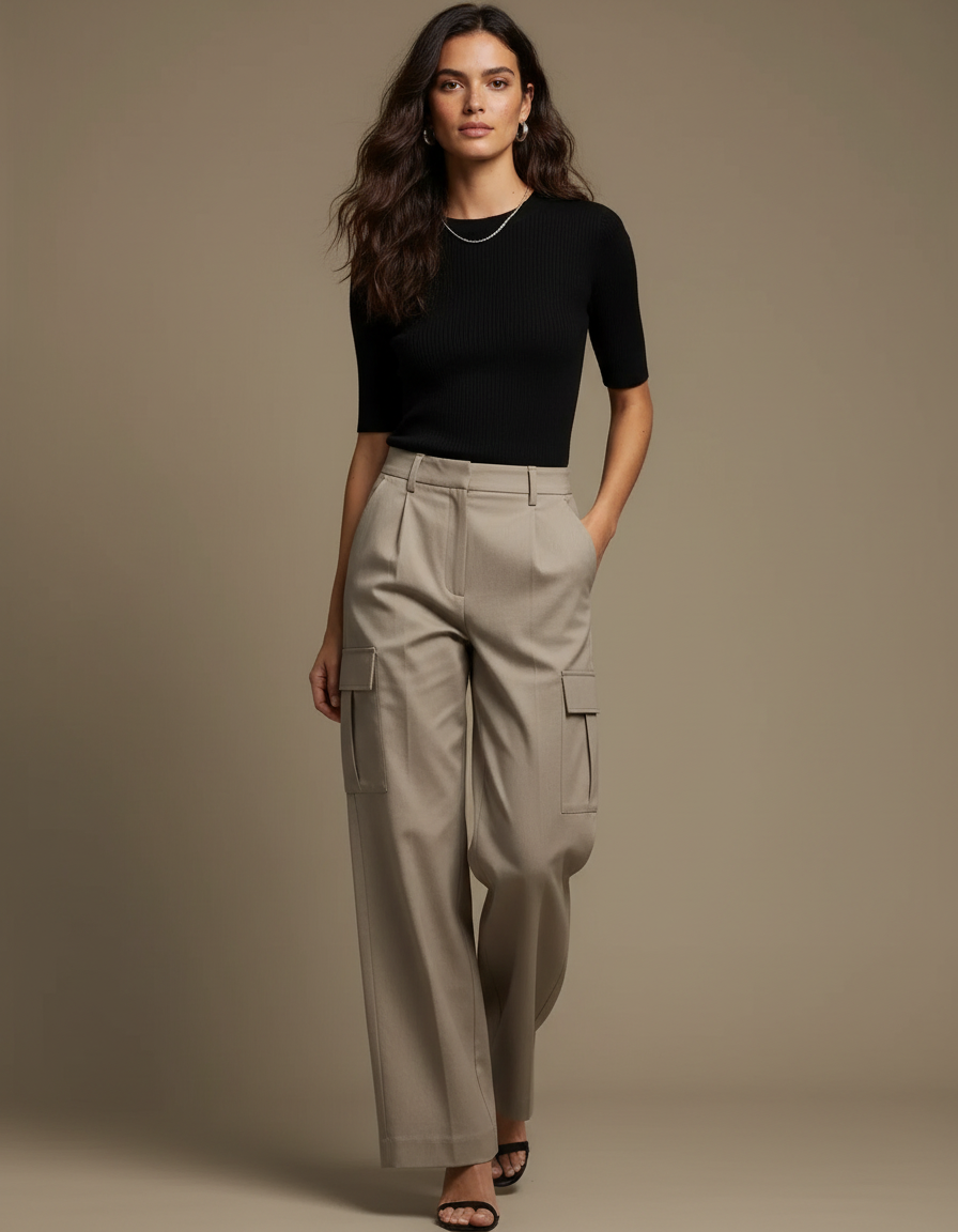 Pantalon Cargo Kaki Ample Taille Haute Femme - Gabardine