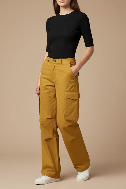 Pantalon Cargo Jaune Ample Décontracté Multipoches Femme - Gabardine