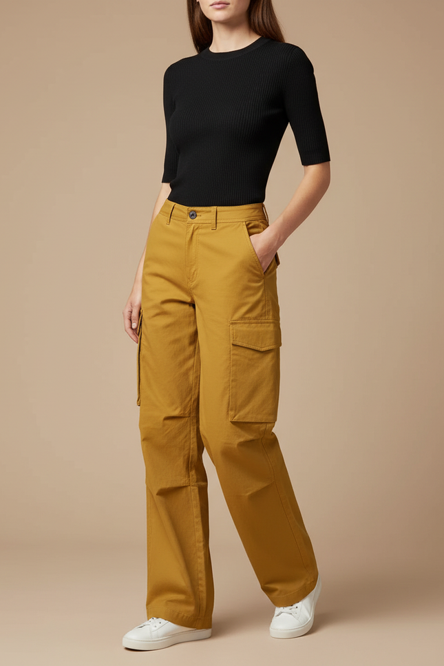 Pantalon Cargo Jaune Ample Décontracté Multipoches Femme - Gabardine