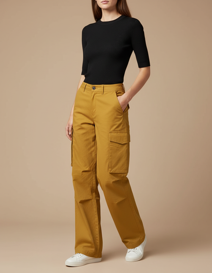 Pantalon Cargo Jaune Ample Décontracté Multipoches Femme - Gabardine