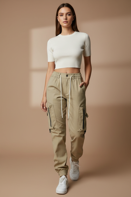 Pantalon Cargo Beige Décontracté Ample Multipoches Femme - Gabardine