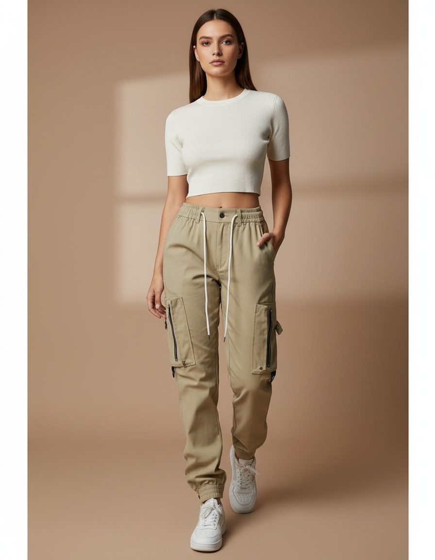 Pantalon Cargo Beige Décontracté Ample Multipoches Femme - Gabardine