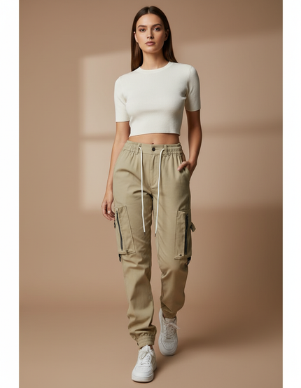 Pantalon Cargo Beige Décontracté Ample Multipoches Femme - Gabardine