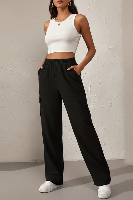Pantalon Cargo Noir Côtelé Ample Décontracté Femme - Cordé