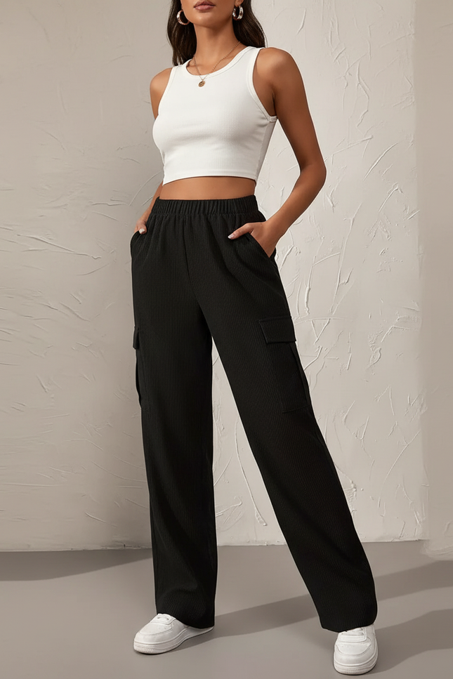 Pantalon Cargo Noir Côtelé Ample Décontracté Femme - Cordé