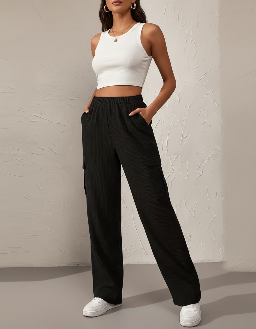 Pantalon Cargo Noir Côtelé Ample Décontracté Femme - Cordé