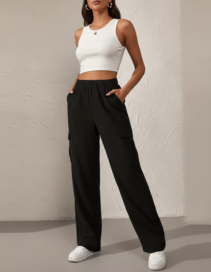 Pantalon Cargo Noir Côtelé Ample Décontracté Femme - Cordé