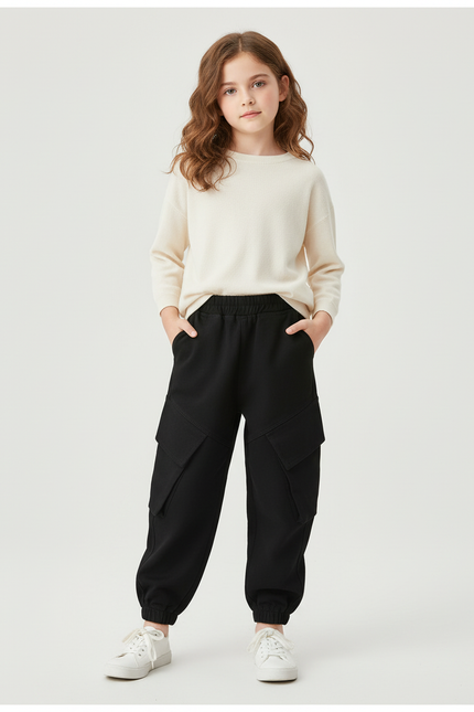 Pantalon Cargo Noir Ample Enfant Multipoches Coton - Molleton