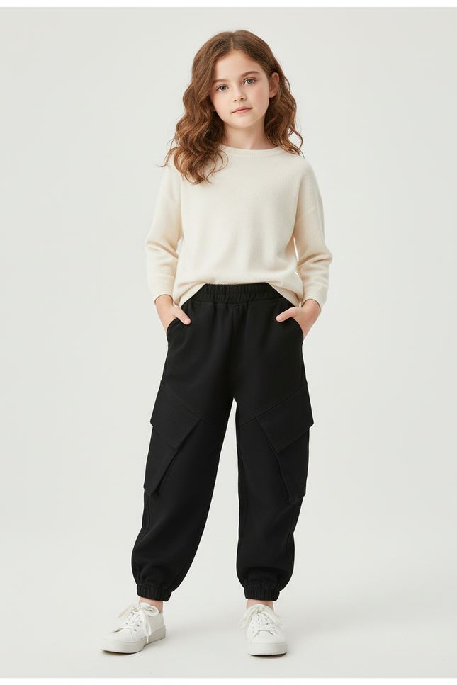 Pantalon Cargo Noir Ample Enfant Multipoches Coton - Molleton
