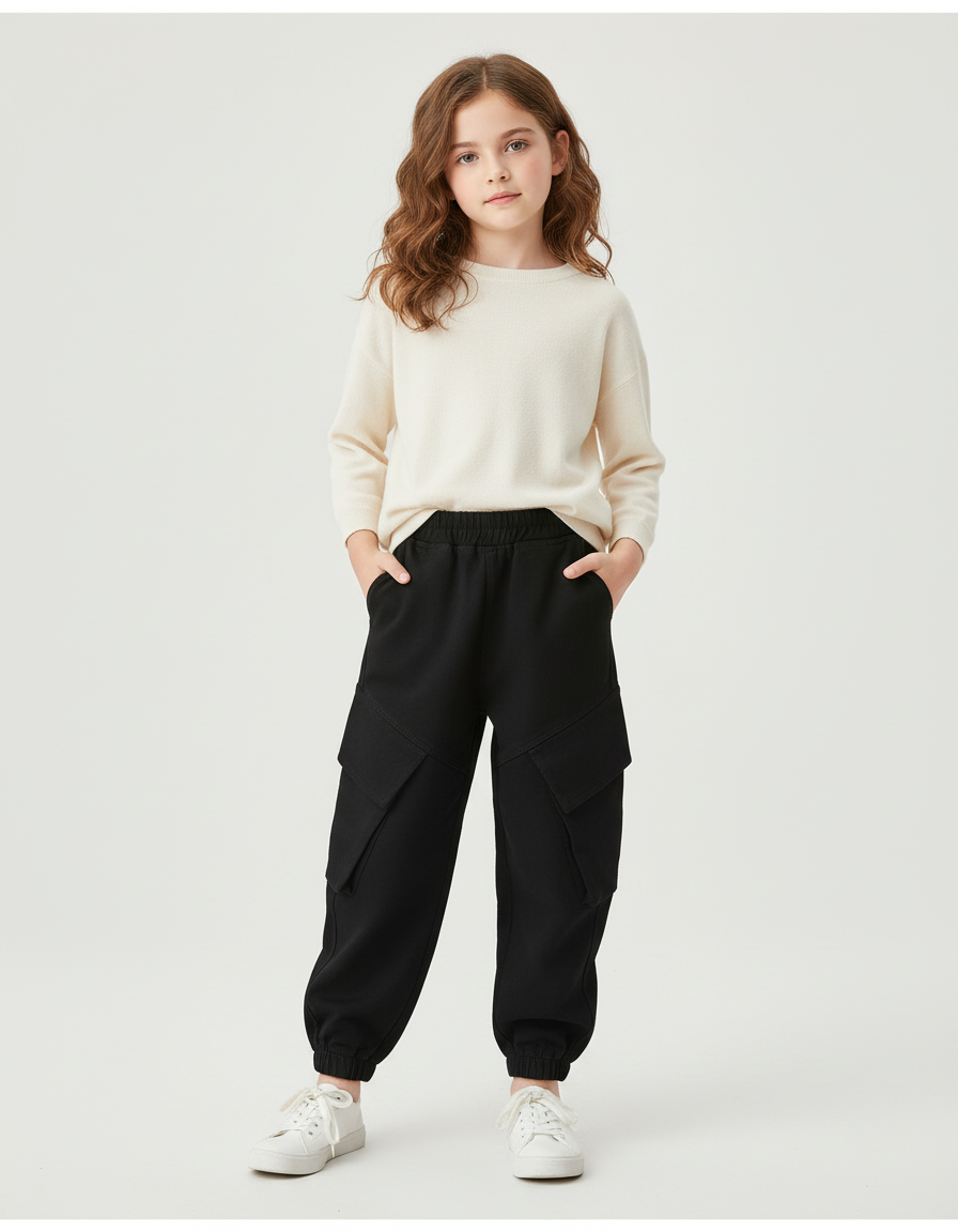 Pantalon Cargo Noir Ample Enfant Multipoches Coton - Molleton