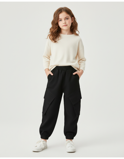 Pantalon Cargo Noir Ample Enfant Multipoches Coton - Molleton