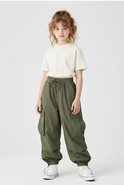 Pantalon Cargo Kaki Ample Décontracté Multipoches Enfant - Polyester