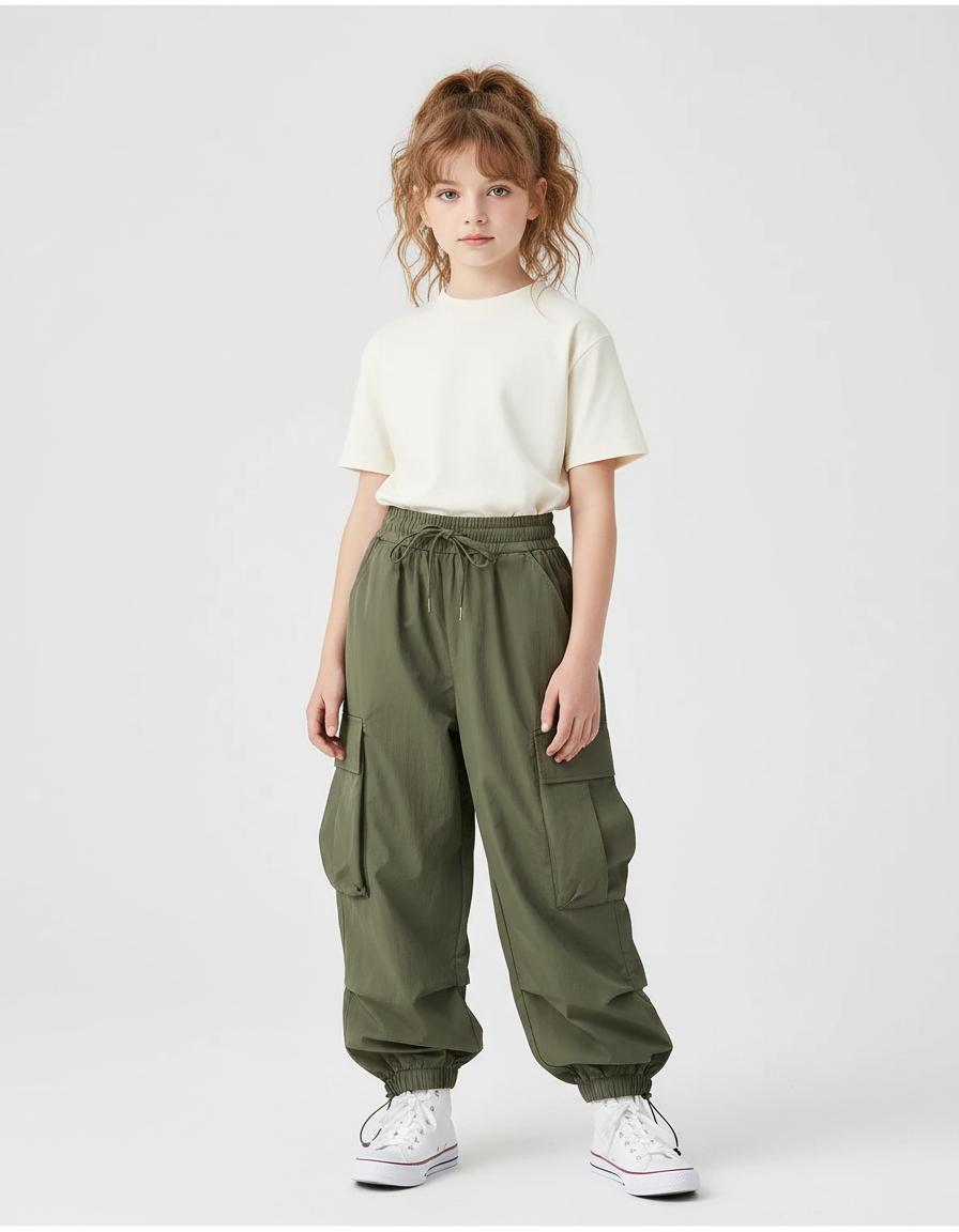 Pantalon Cargo Kaki Ample Décontracté Multipoches Enfant - Polyester