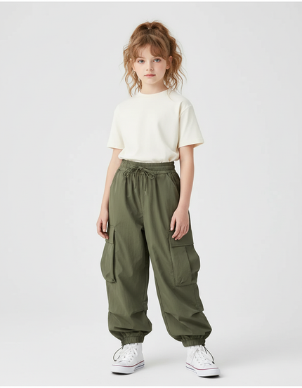 Pantalon Cargo Kaki Ample Décontracté Multipoches Enfant - Polyester