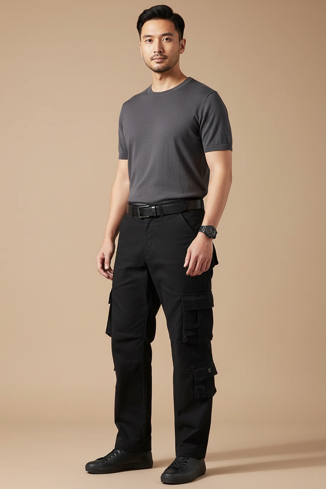 Pantalon Cargo Noir Multipoches Coton Homme Tactique