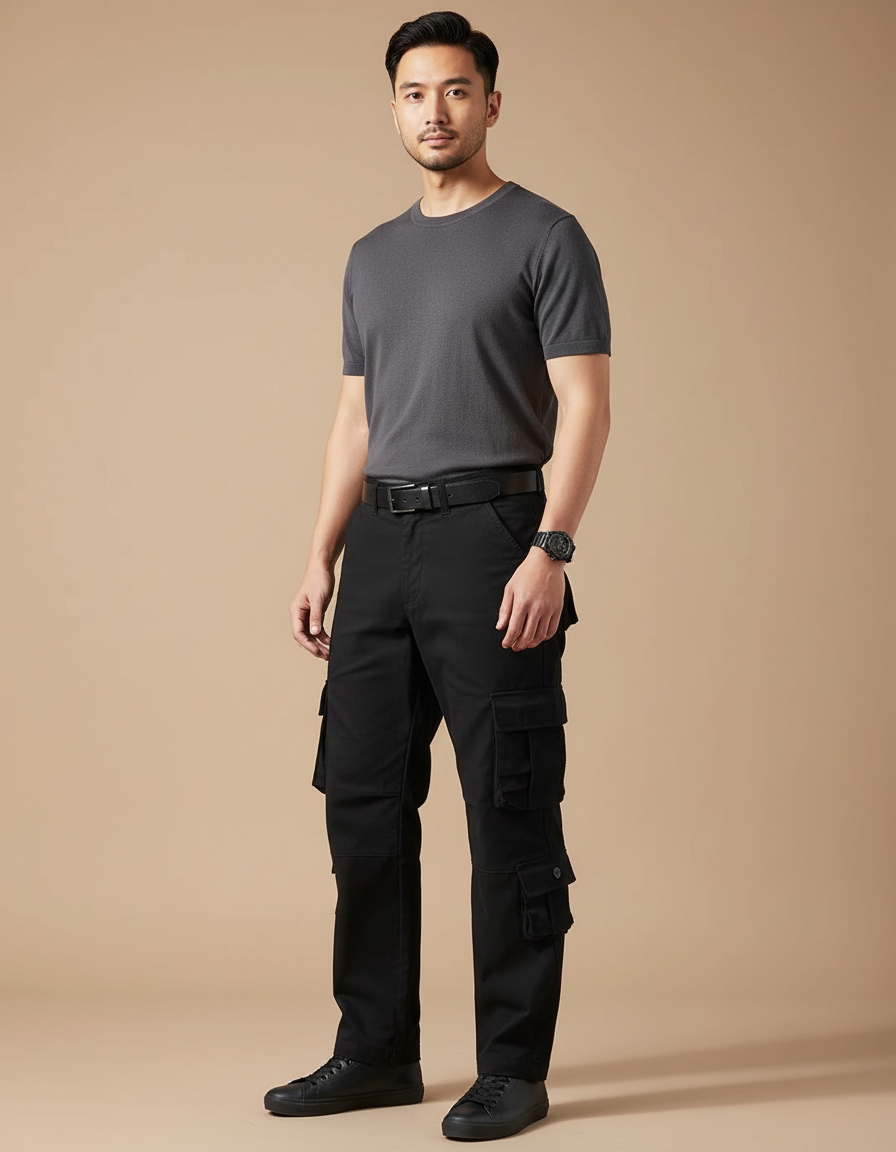 Pantalon Cargo Noir Multipoches Coton Homme Tactique