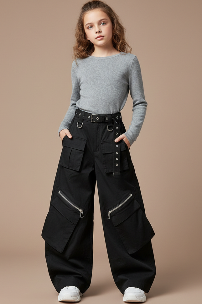 Pantalon Cargo Noir Ample Multipoches Zippées Fille - Toile