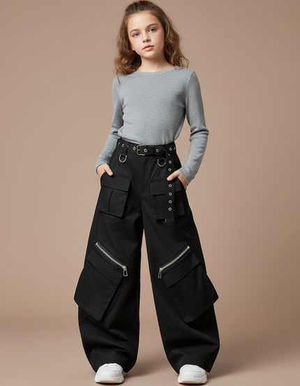 Pantalon Cargo Noir Ample Multipoches Zippées Fille - Toile