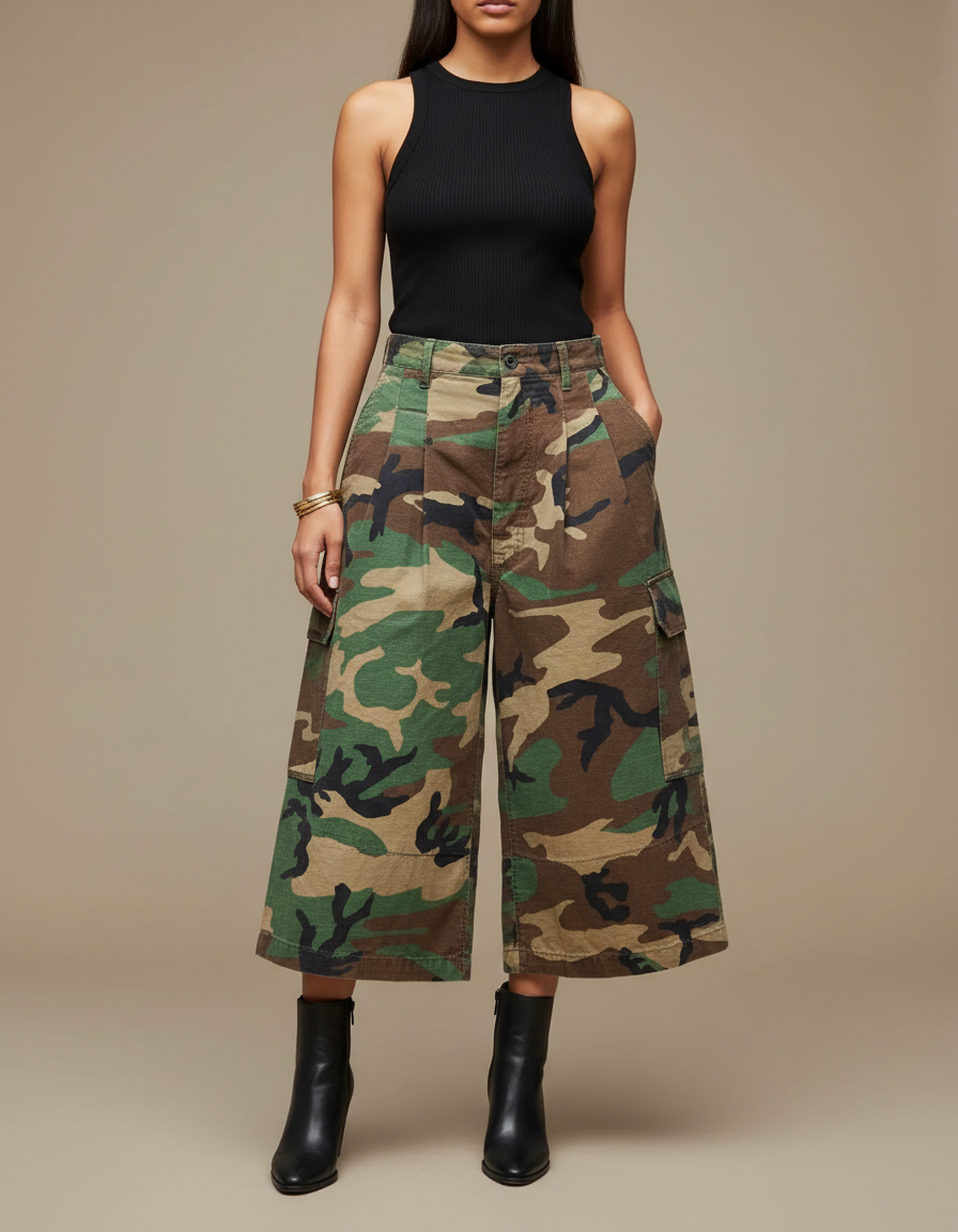 Pantalon Cargo Camouflage Ample Vintage Femme - Multicolore Toile