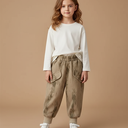 Pantalon Cargo Beige Ample Décontracté Enfant Mixte - Kaki Molleton