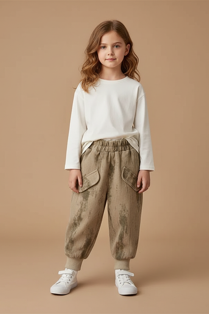 Pantalon Cargo Beige Ample Décontracté Enfant Mixte - Kaki Molleton